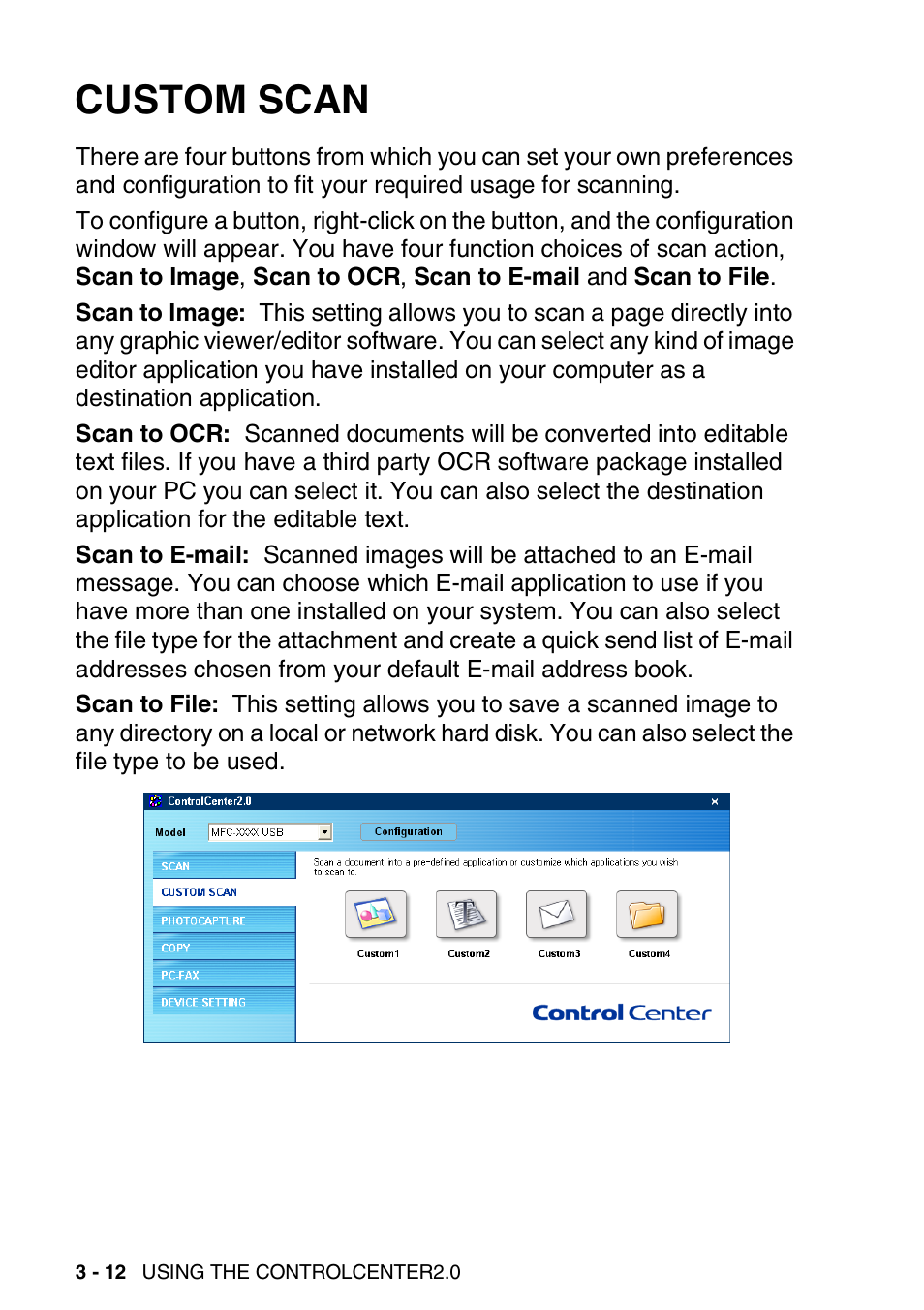 Custom scan, Custom scan -12 | Brother MFC-3240C User Manual | Page 74 / 173