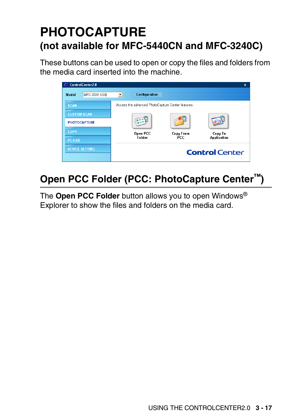Open pcc folder (pcc: photocapture center™), Photocapture, Not available for mfc-5440cn and mfc-3240c) -17 | Open pcc folder (pcc: photocapture center | Brother MFC-3240C User Manual | Page 79 / 173