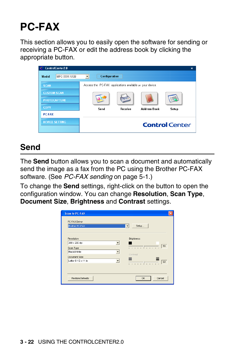 Pc-fax, Send, Pc-fax -22 | Send -22 | Brother MFC-3240C User Manual | Page 84 / 173