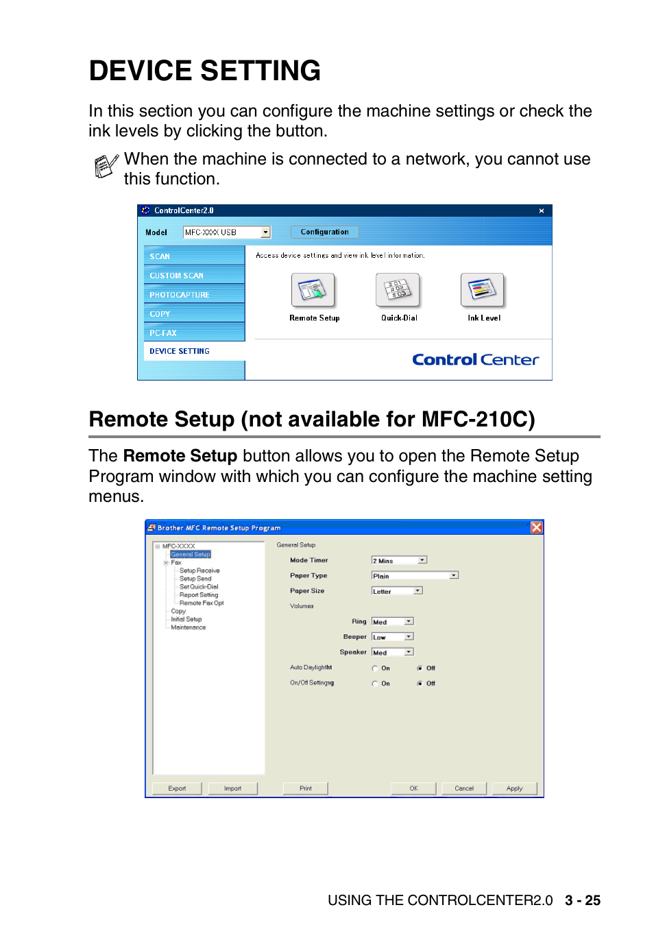 Device setting, Remote setup (not available for mfc-210c), Device setting -25 | Remote setup (not available for mfc-210c) -25 | Brother MFC-3240C User Manual | Page 87 / 173