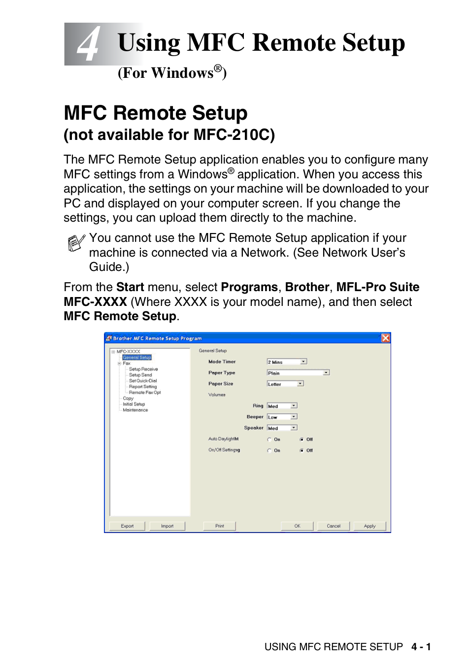 4 using mfc remote setup (for windows®), Mfc remote setup (not available for mfc-210c), Using mfc remote setup (for windows | Mfc remote setup (not available for mfc-210c) -1, Using mfc remote setup, Mfc remote setup | Brother MFC-3240C User Manual | Page 89 / 173
