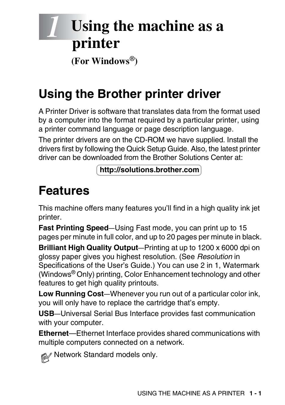 1 using the machine as a printer (for windows®), Using the brother printer driver, Features | Using the machine as a printer (for windows, Using the brother printer driver -1 features -1, Using the machine as a printer | Brother MFC-3240C User Manual | Page 9 / 173