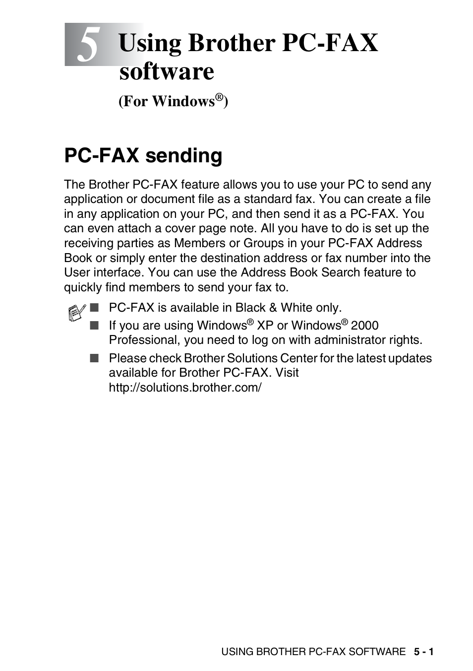 5 using brother pc-fax software (for windows®), Pc-fax sending, Using brother pc-fax software (for windows | Pc-fax sending -1, Using brother pc-fax software | Brother MFC-3240C User Manual | Page 91 / 173