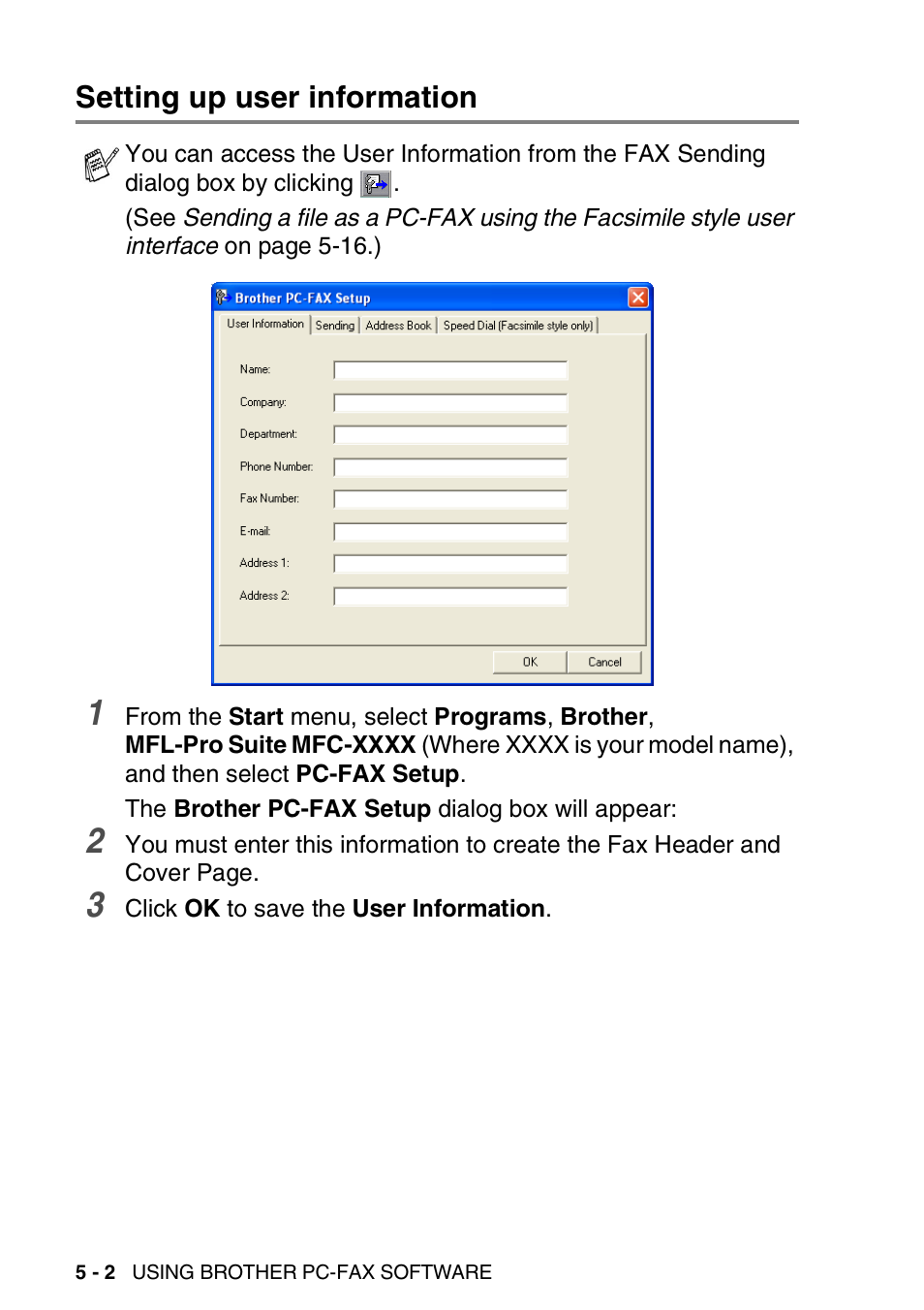 Setting up user information, Setting up user information -2 | Brother MFC-3240C User Manual | Page 92 / 173