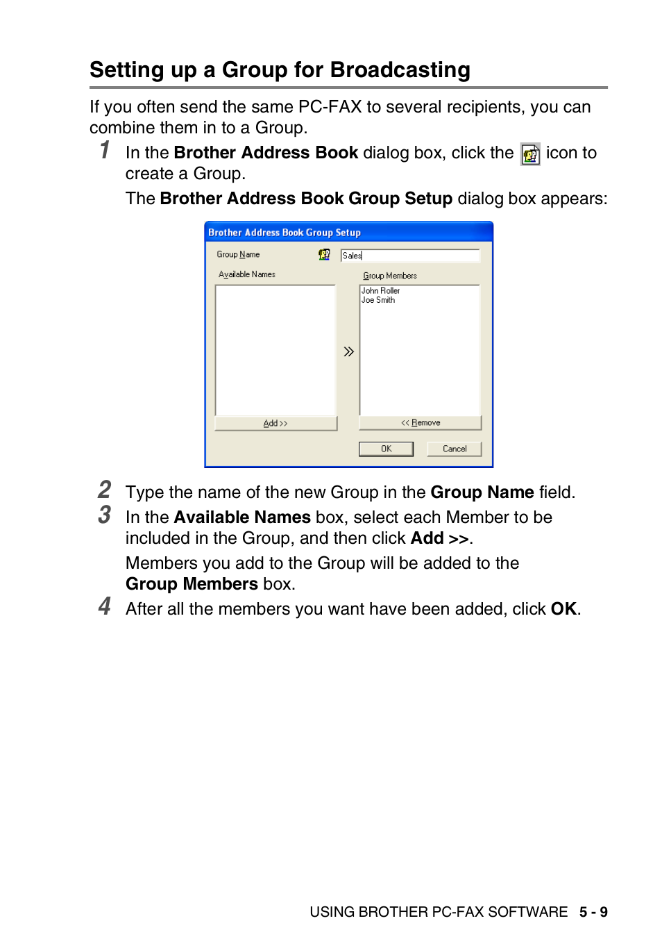 Setting up a group for broadcasting, Setting up a group for broadcasting -9 | Brother MFC-3240C User Manual | Page 99 / 173
