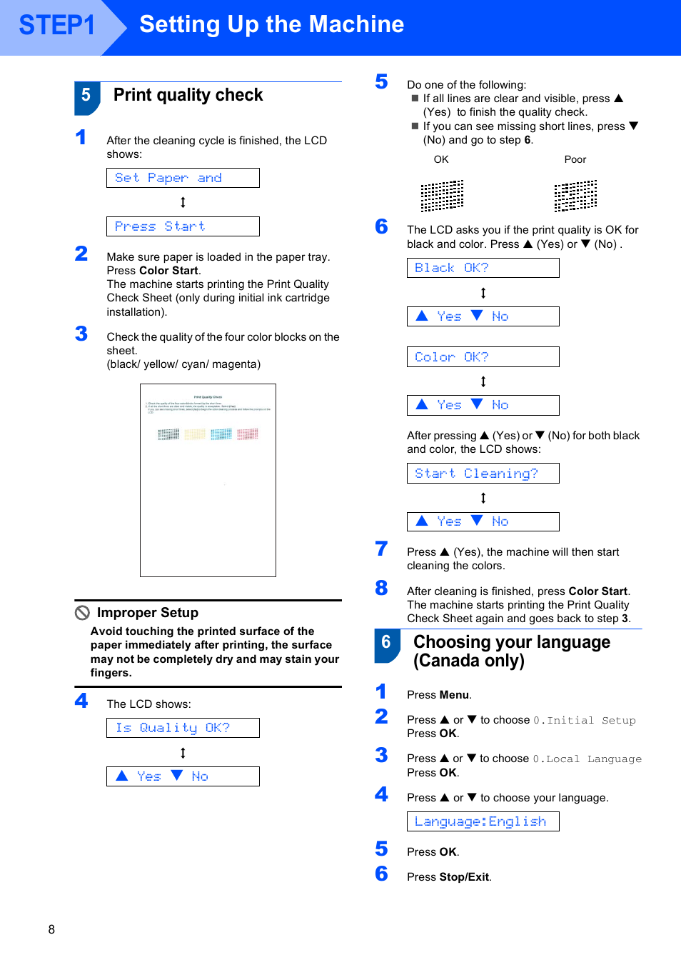 5 print quality check, 6 choosing your language (canada only), Step1 | Setting up the machine, 5print quality check, 6choosing your language (canada only) | Brother DCP-130C User Manual | Page 10 / 22