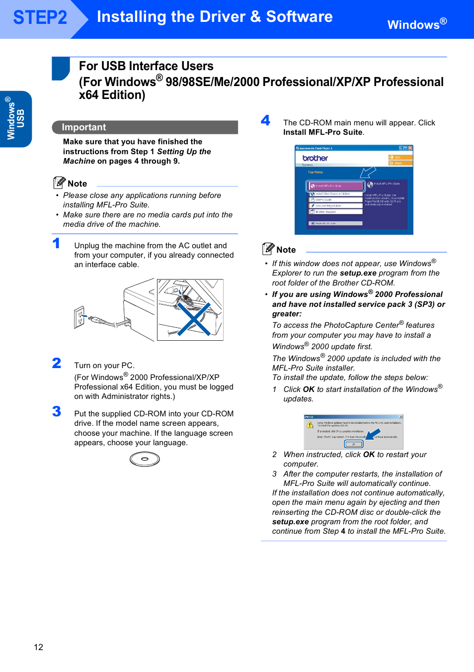 Windows, For usb interface users (for windows, For usb interface users | For windows, Step2, Installing the driver & software | Brother DCP-130C User Manual | Page 14 / 22
