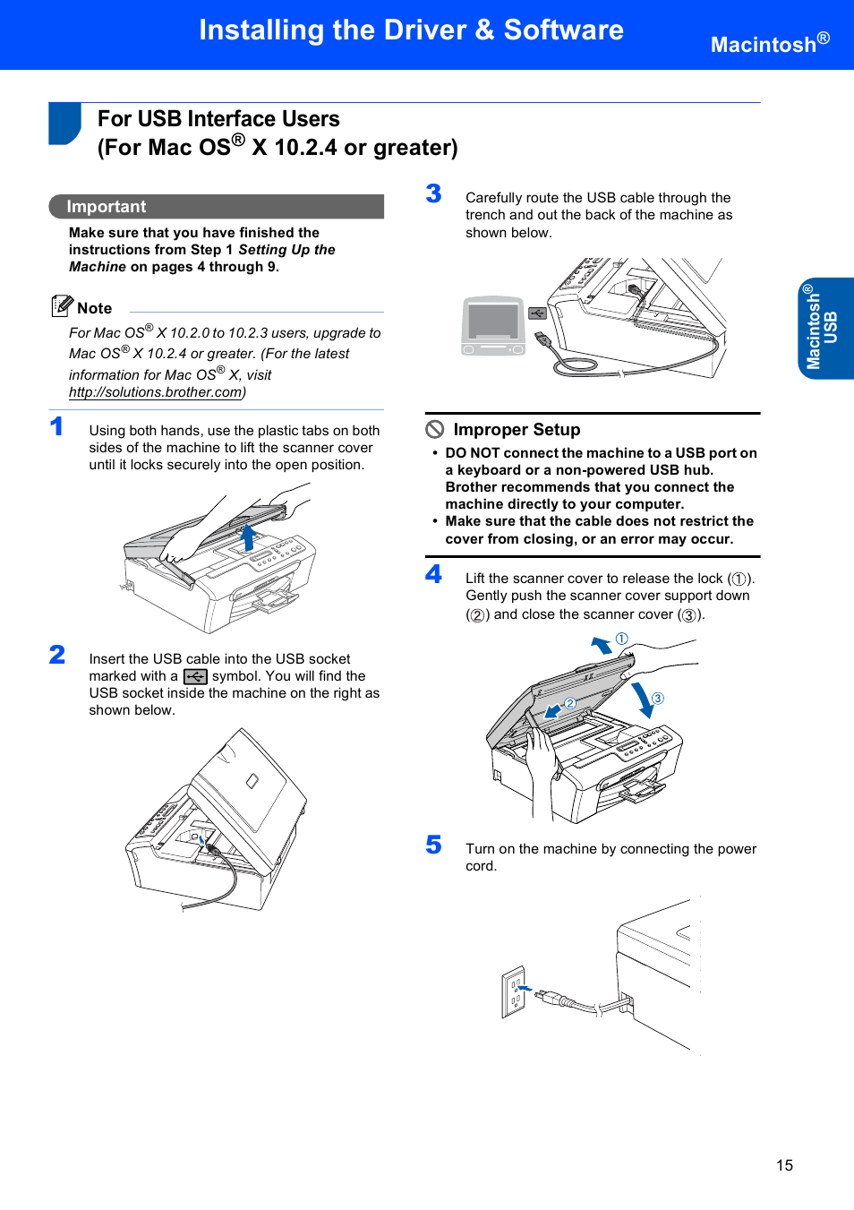 Macintosh, For usb interface users (for mac os, X 10.2.4 or greater) | Installing the driver & software | Brother DCP-130C User Manual | Page 17 / 22