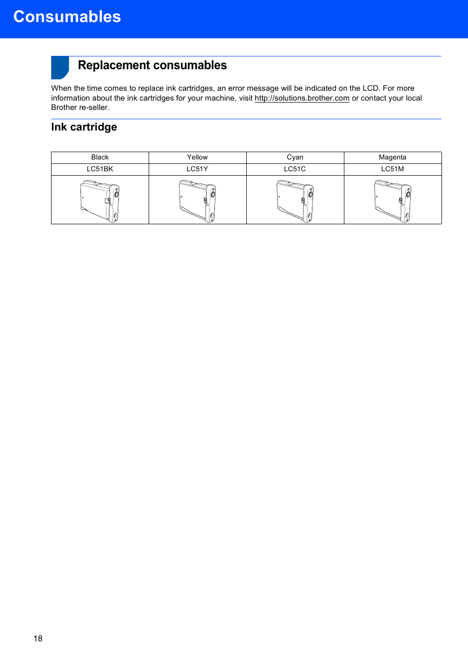 Consumables, Replacement consumables, Ink cartridge | Brother DCP-130C User Manual | Page 20 / 22