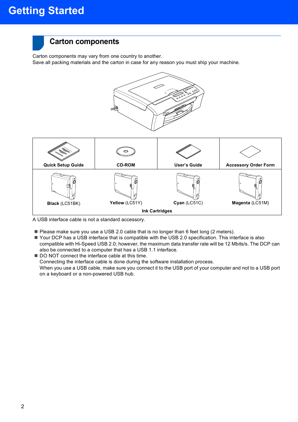 Getting started, Carton components | Brother DCP-130C User Manual | Page 4 / 22