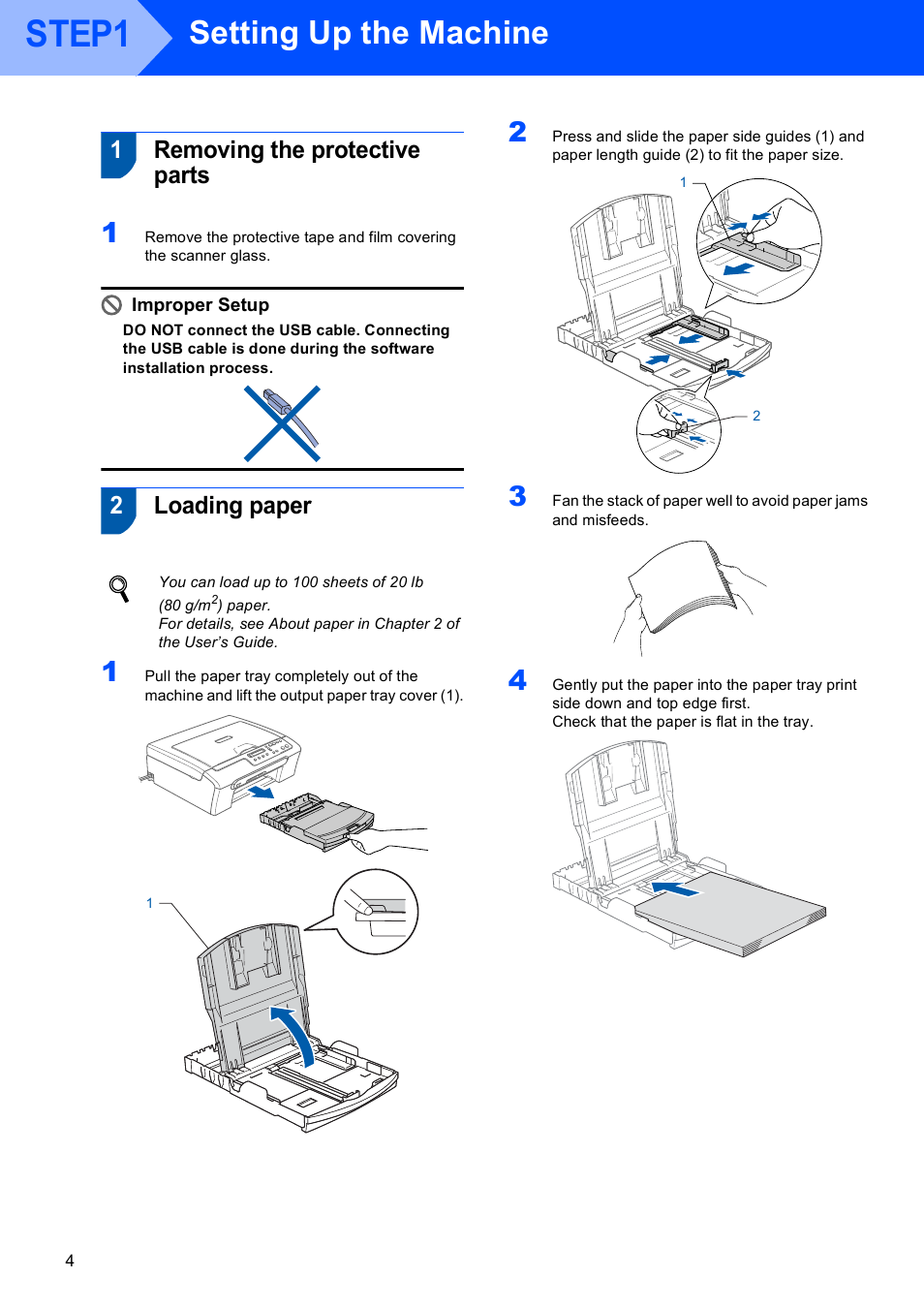 Step1 setting up the machine, 1 removing the protective parts, 2 loading paper | Step1, Setting up the machine, Removing the protective parts loading paper, 1removing the protective parts, 2loading paper | Brother DCP-130C User Manual | Page 6 / 22