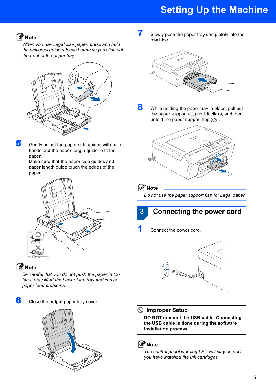 3 connecting the power cord, Connecting the power cord, Setting up the machine | 3connecting the power cord, Improper setup | Brother DCP-130C User Manual | Page 7 / 22