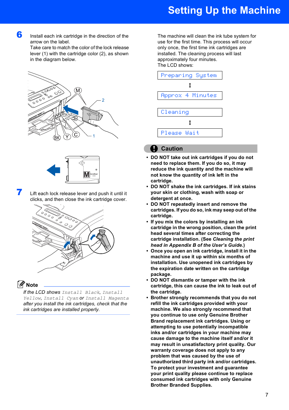 Setting up the machine, Preparing system, Approx 4 minutes | Cleaning, Please wait, Caution | Brother DCP-130C User Manual | Page 9 / 22