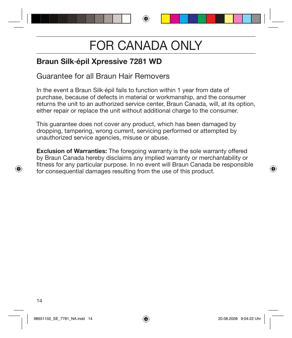 For canada only | Braun 7281 Silk-épil Xpressive User Manual | Page 14 / 30