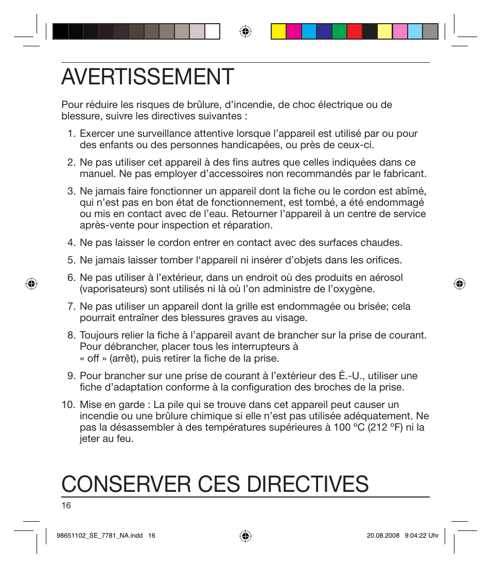 Avertissement, Conserver ces directives | Braun 7281 Silk-épil Xpressive User Manual | Page 16 / 30