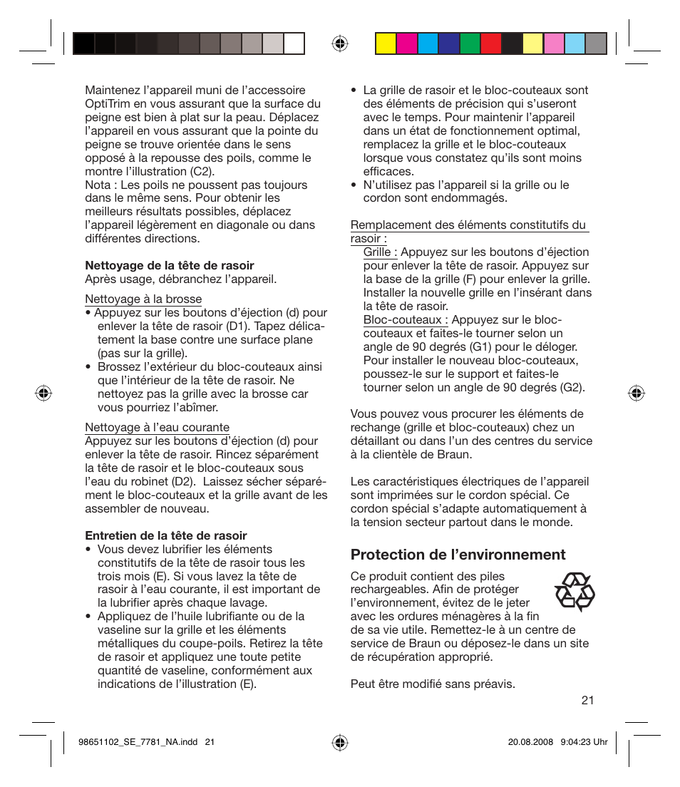 Protection de l’environnement | Braun 7281 Silk-épil Xpressive User Manual | Page 21 / 30