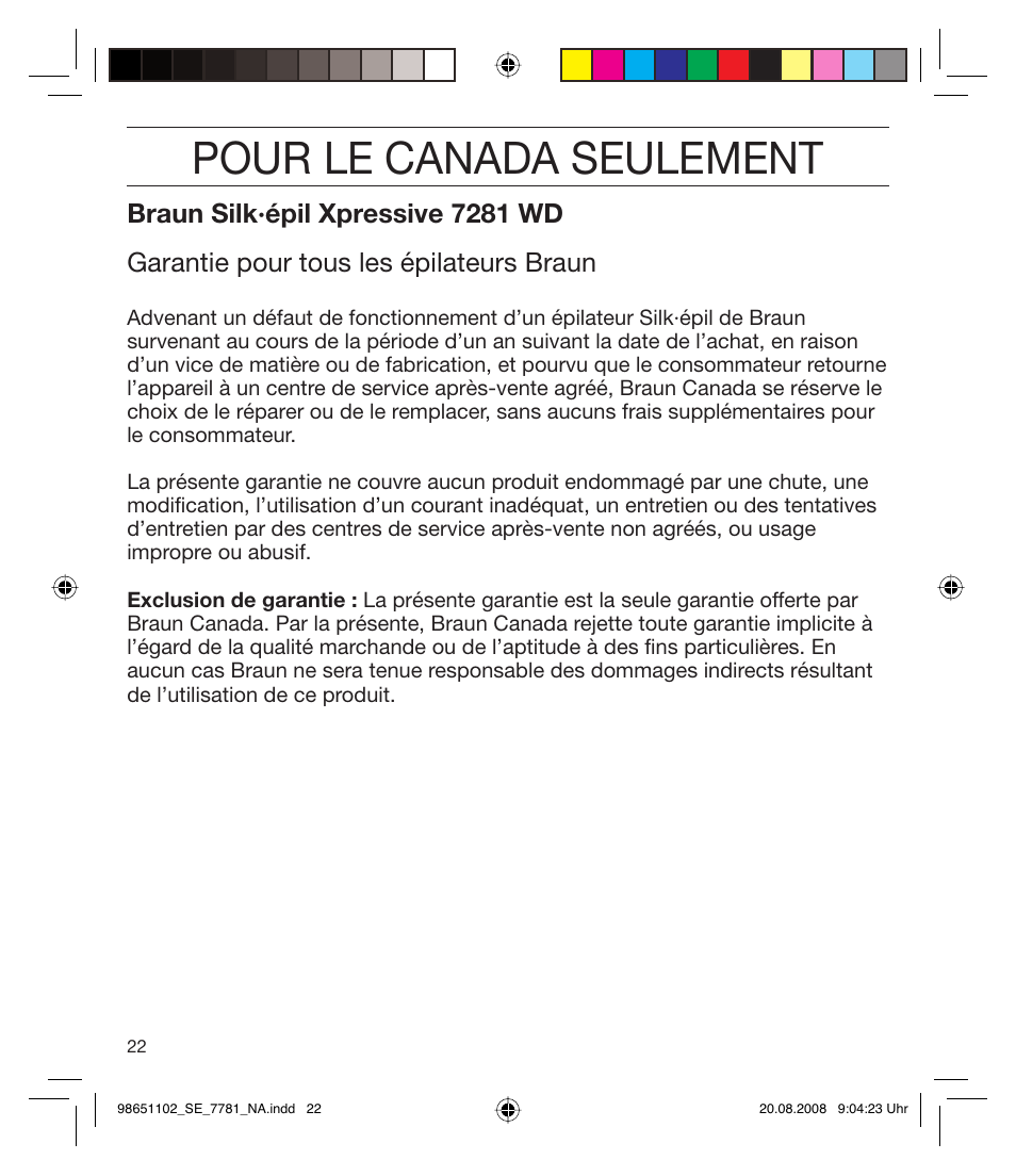 Pour le canada seulement | Braun 7281 Silk-épil Xpressive User Manual | Page 22 / 30