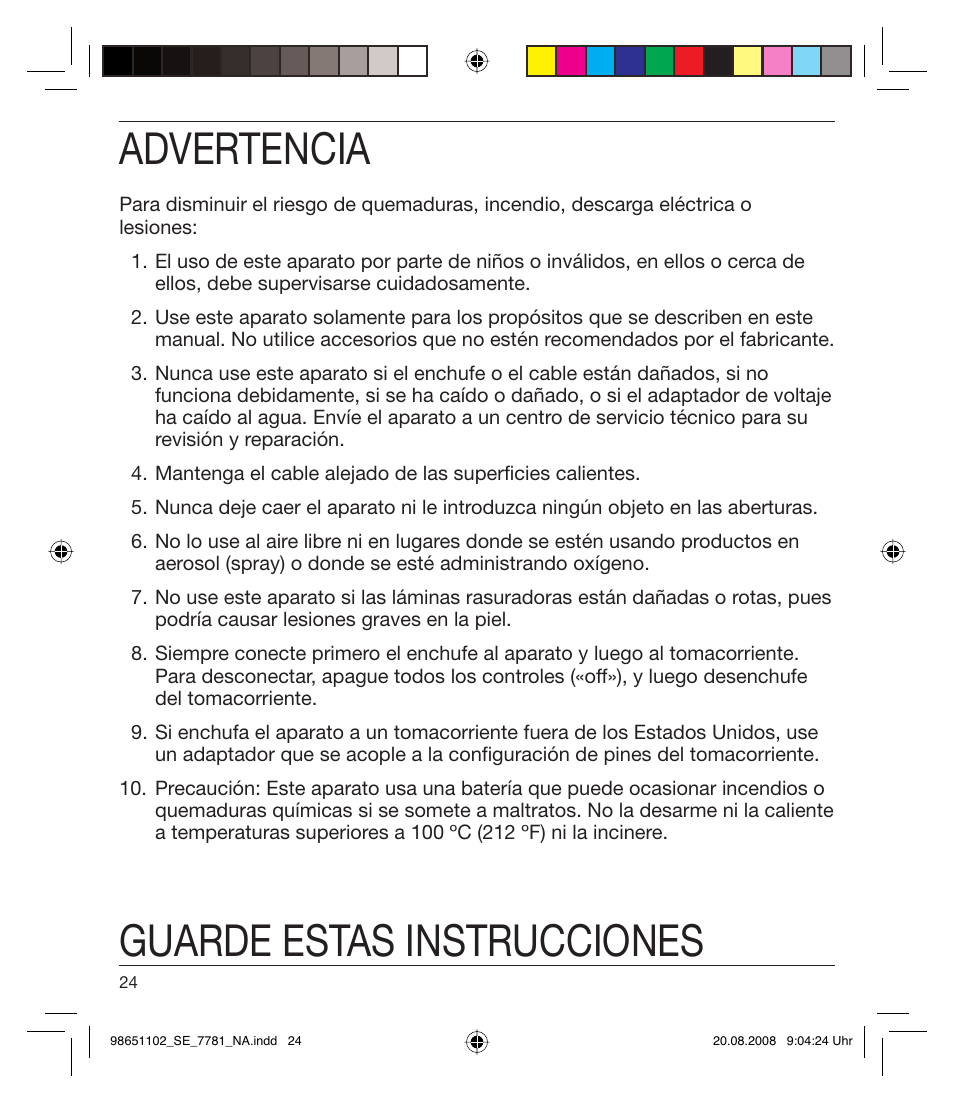 Advertencia, Guarde estas instrucciones | Braun 7281 Silk-épil Xpressive User Manual | Page 24 / 30