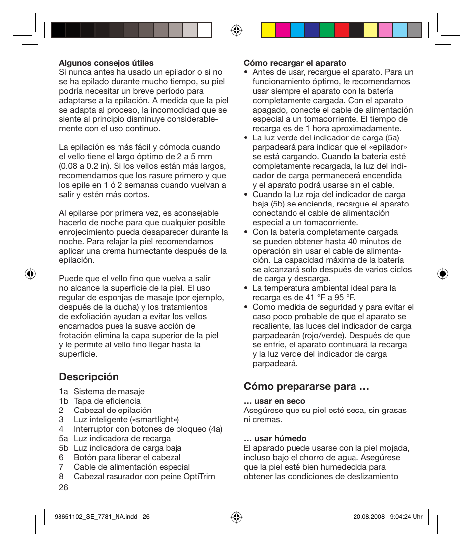 Descripción, Cómo prepararse para | Braun 7281 Silk-épil Xpressive User Manual | Page 26 / 30