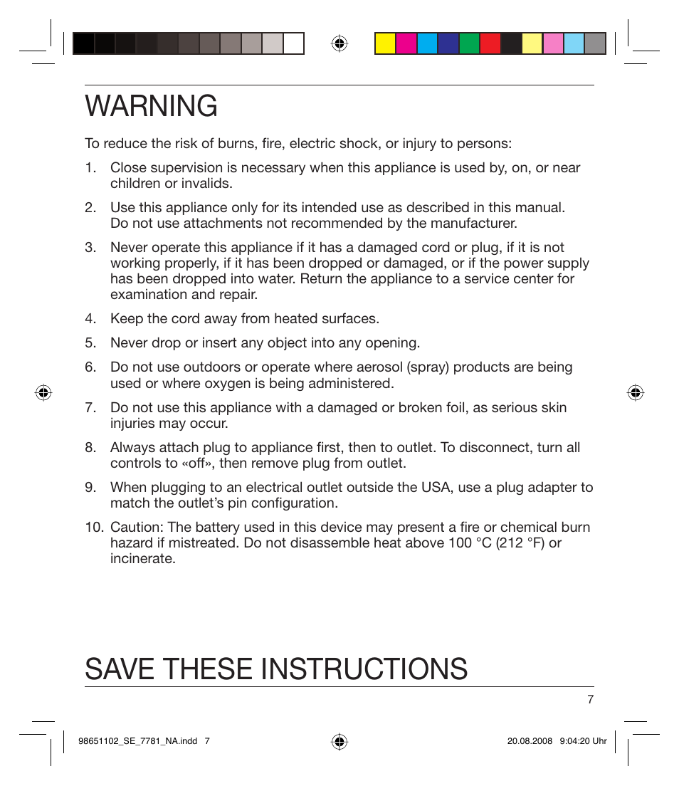 Warning, Save these instructions | Braun 7281 Silk-épil Xpressive User Manual | Page 7 / 30