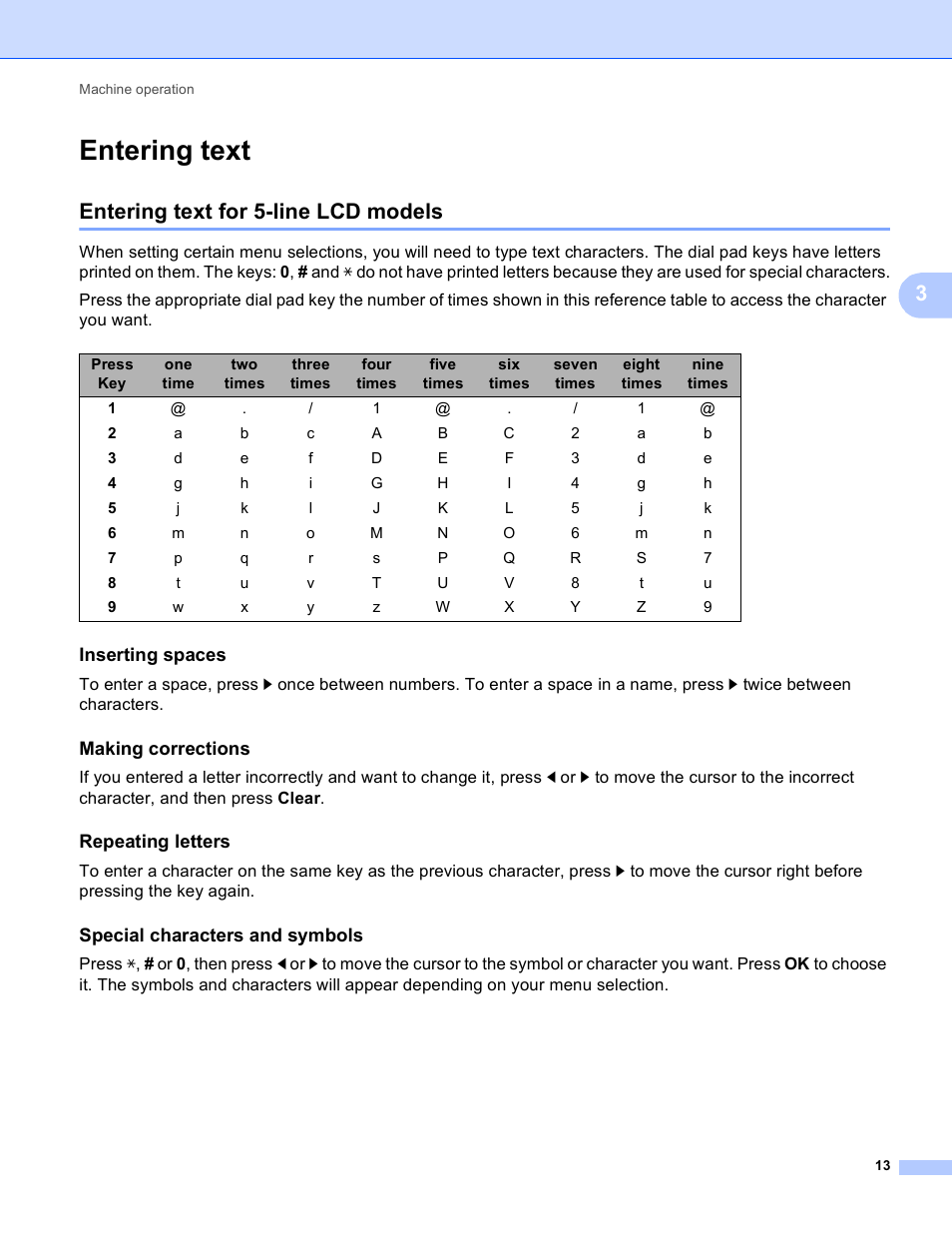 Entering text, Entering text for 5-line lcd models, Inserting spaces | Making corrections, Repeating letters, Special characters and symbols | Brother MFC-8810DW User Manual | Page 16 / 29