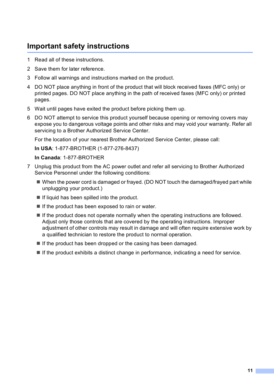 Important safety instructions | Brother HL 5450DN User Manual | Page 11 / 22