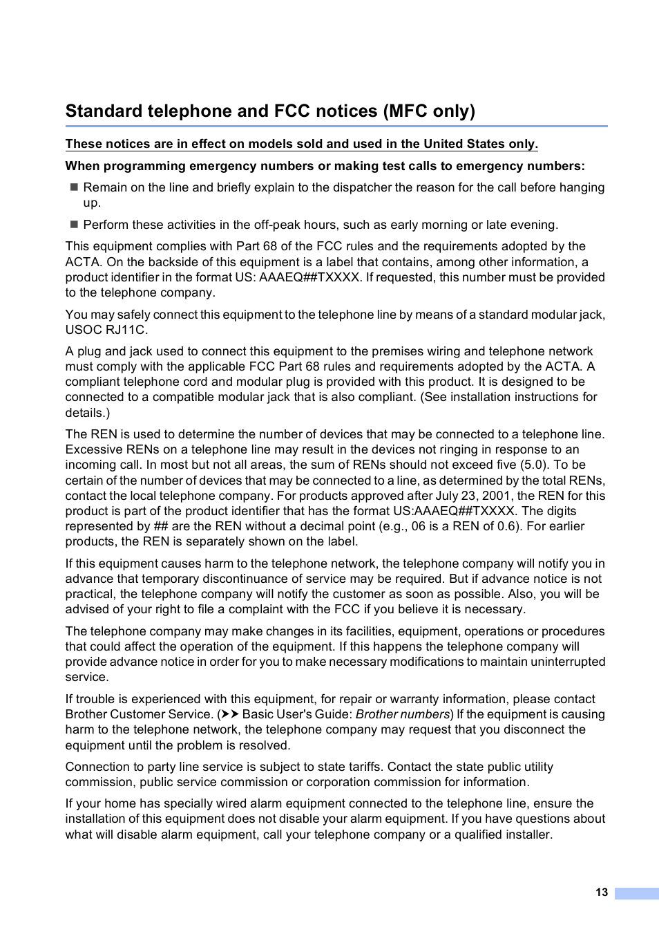 Standard telephone and fcc notices (mfc only) | Brother HL 5450DN User Manual | Page 13 / 22