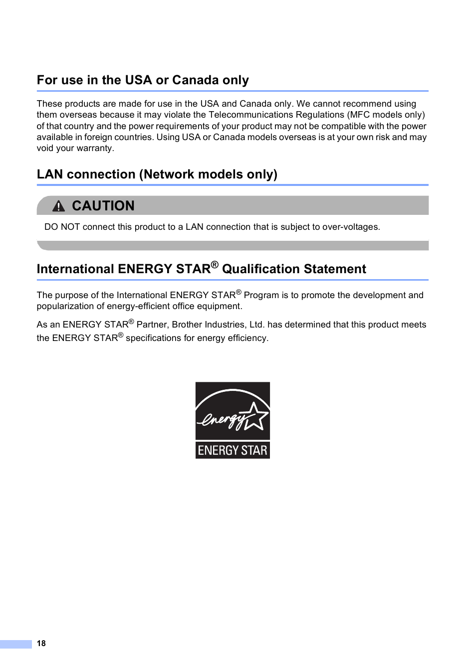 For use in the usa or canada only, Lan connection (network models only), International energy star® qualification statement | Caution, International energy star, Qualification statement | Brother HL 5450DN User Manual | Page 18 / 22