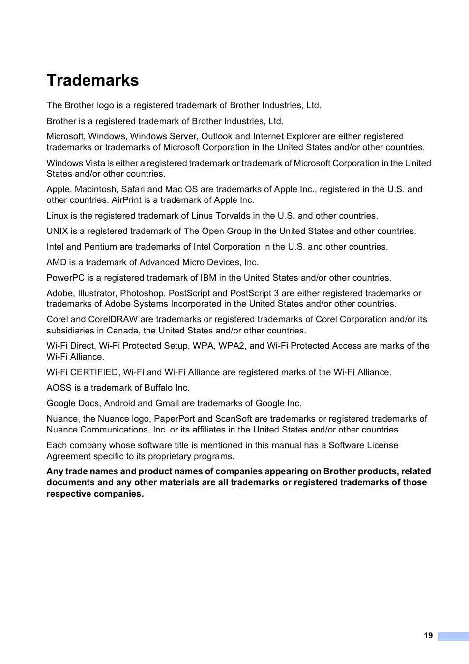 Trademarks | Brother HL 5450DN User Manual | Page 19 / 22