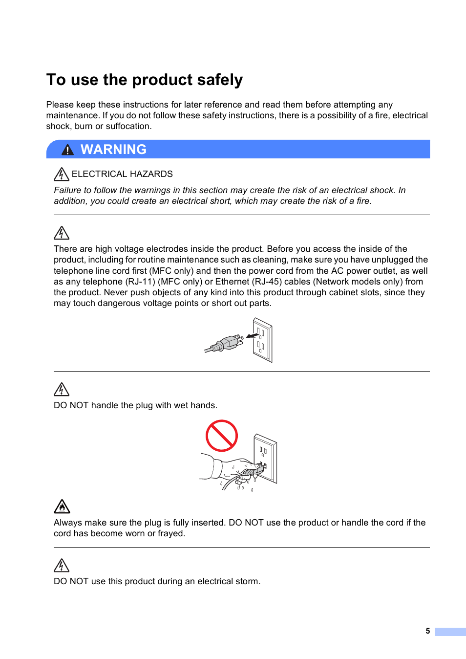 To use the product safely, Warning, Do not handle the plug with wet hands | Do not use this product during an electrical storm | Brother HL 5450DN User Manual | Page 5 / 22
