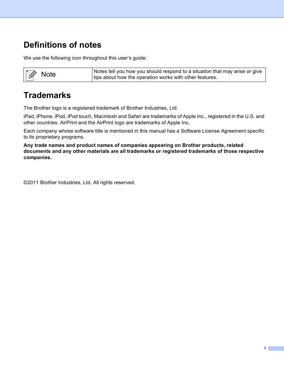 Definitions of notes, Trademarks | Brother MFC-J625DW User Manual | Page 2 / 11