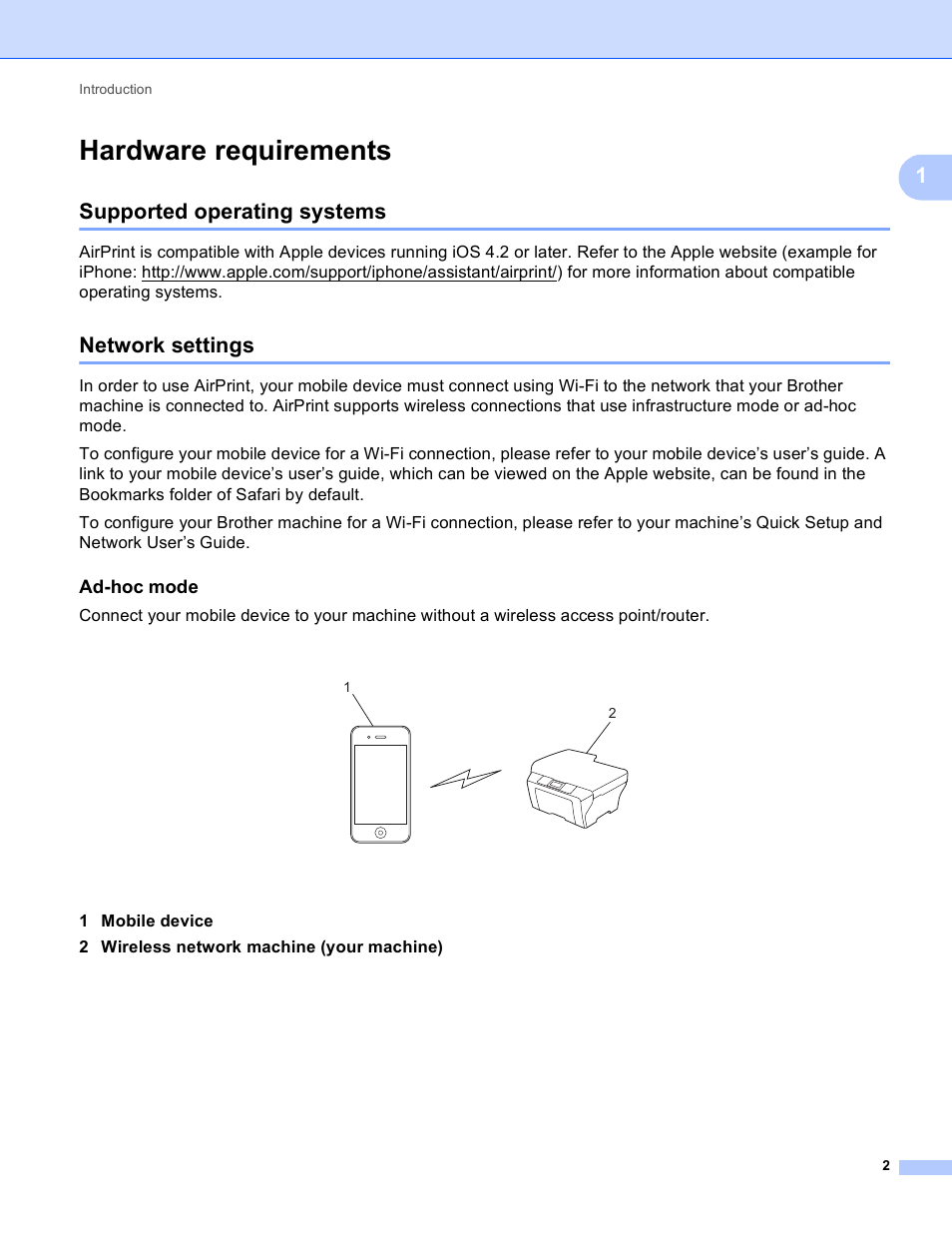 Hardware requirements, Supported operating systems, Network settings | Ad-hoc mode, Supported operating systems network settings | Brother MFC-J625DW User Manual | Page 5 / 11