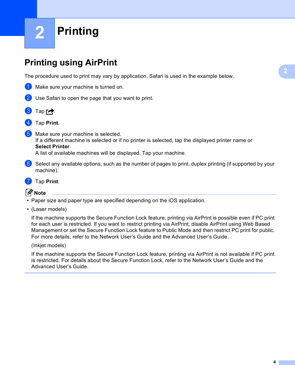 2 printing, Printing using airprint, Printing | Brother MFC-J625DW User Manual | Page 7 / 11