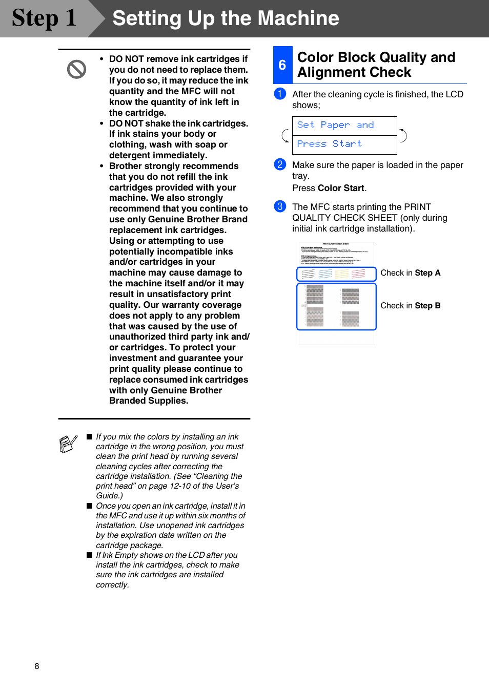 Color block quality and alignment check, Step 1, Setting up the machine | 6color block quality and alignment check | Brother MFC-3420C User Manual | Page 10 / 31