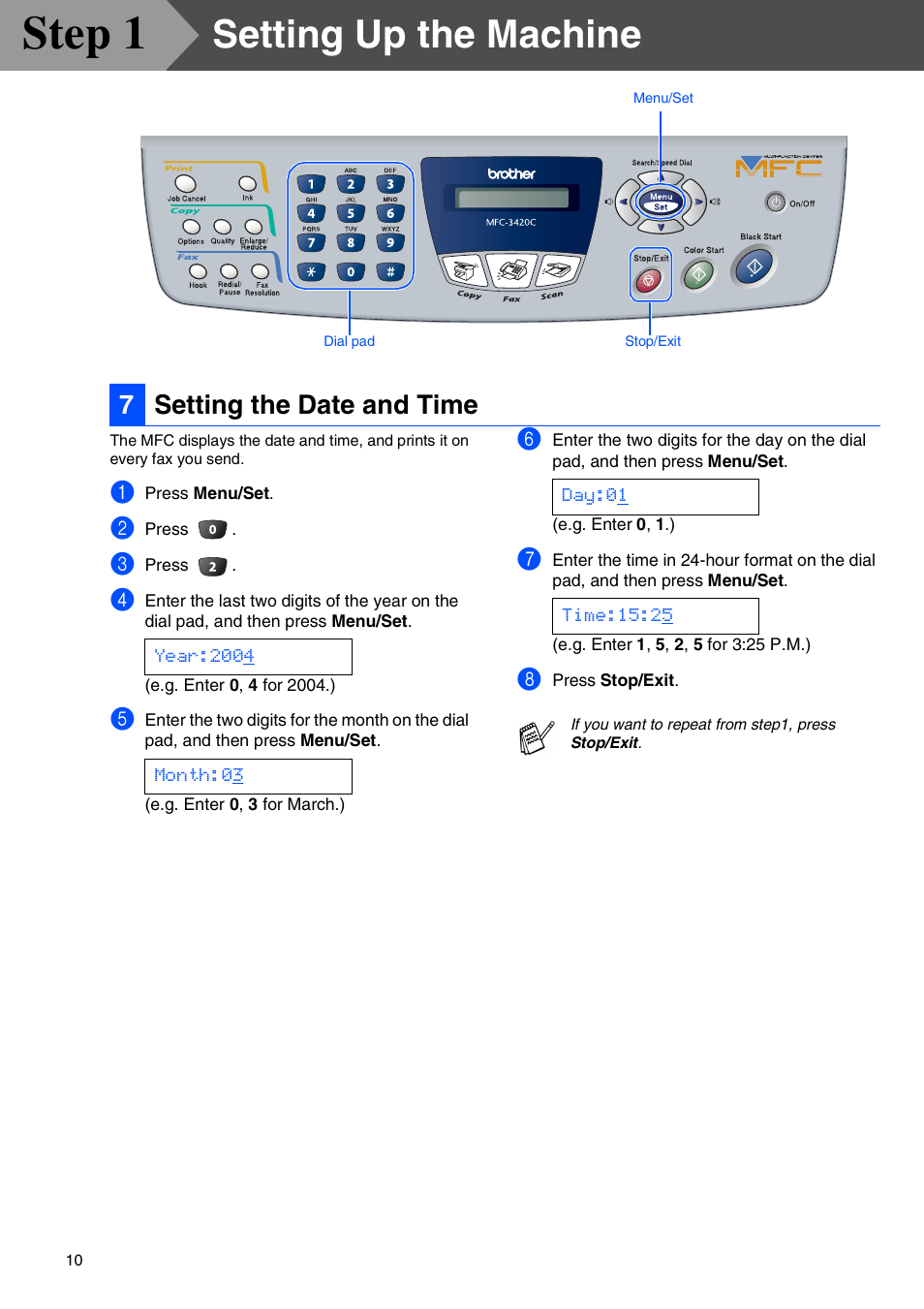 Setting the date and time, Step 1, Setting up the machine | 7setting the date and time | Brother MFC-3420C User Manual | Page 12 / 31