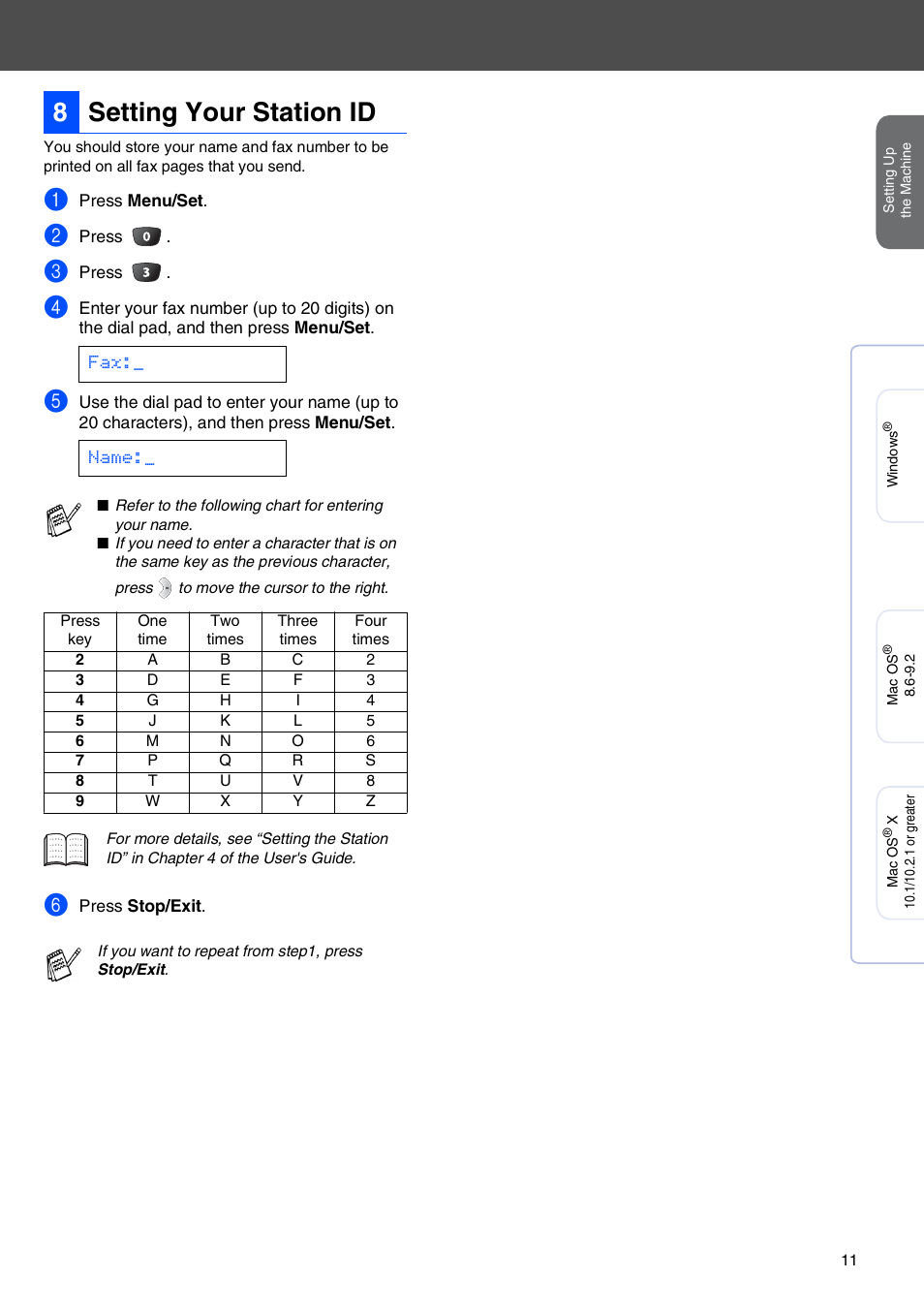 Setting your station id, 8setting your station id, Fax:_ name | Brother MFC-3420C User Manual | Page 13 / 31