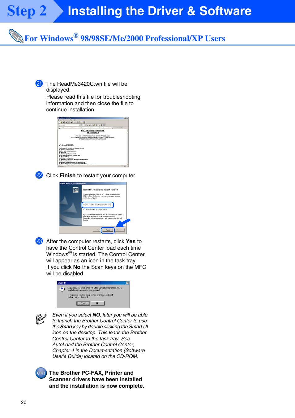 Step 2, Installing the driver & software, For windows | Brother MFC-3420C User Manual | Page 22 / 31