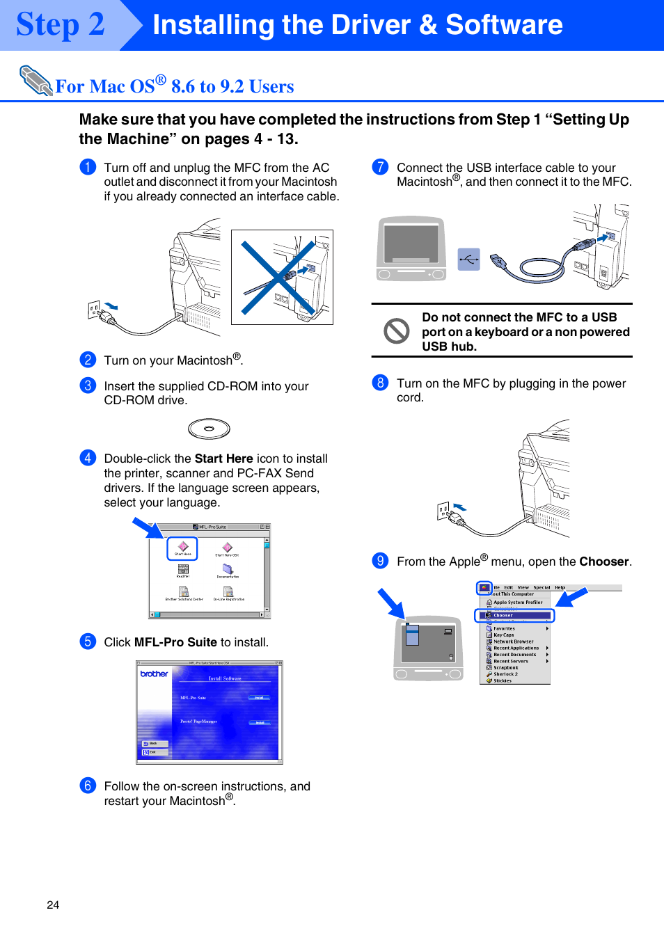 For mac os® 8.6 to 9.2 users, 6 to 9.2 users, For mac os | Step 2, Installing the driver & software | Brother MFC-3420C User Manual | Page 26 / 31
