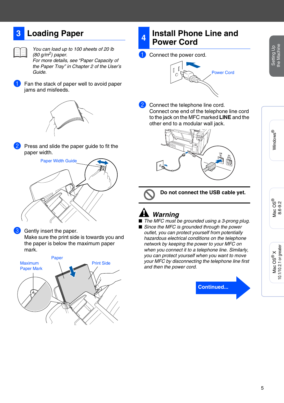 Loading paper, Install phone line and power cord, 3loading paper | 4install phone line and power cord, Warning | Brother MFC-3420C User Manual | Page 7 / 31