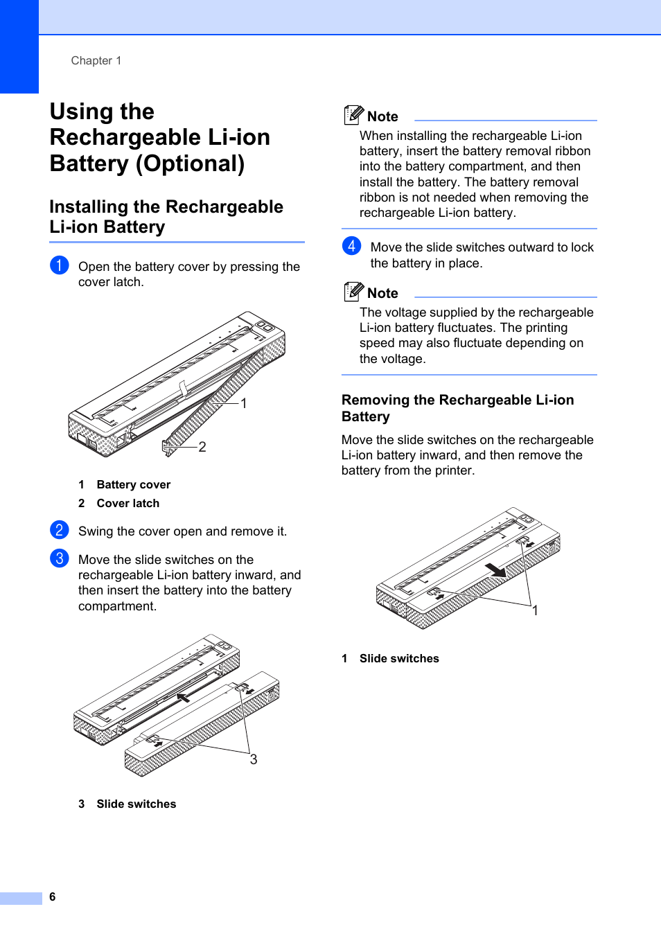 Using the rechargeable li-ion battery (optional), Installing the rechargeable li-ion battery | Brother Pocket Jet6 PJ-622 User Manual | Page 10 / 61