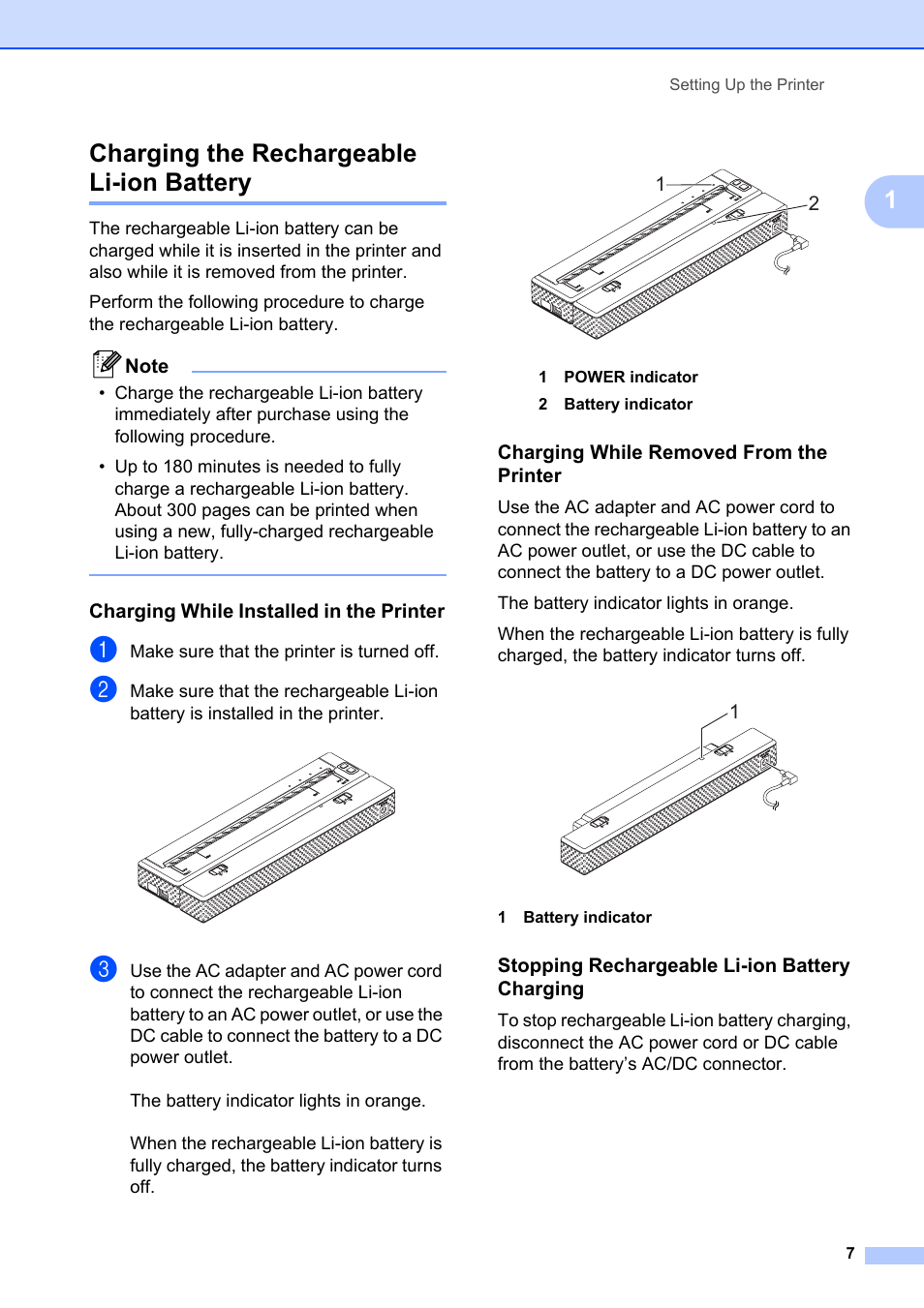 Charging the rechargeable li-ion battery, 1charging the rechargeable li-ion battery, Charging while installed in the printer | Charging while removed from the printer, Stopping rechargeable li-ion battery charging | Brother Pocket Jet6 PJ-622 User Manual | Page 11 / 61