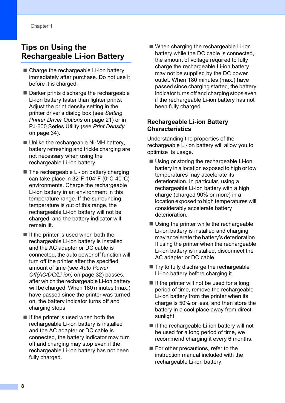 Tips on using the rechargeable li-ion battery | Brother Pocket Jet6 PJ-622 User Manual | Page 12 / 61