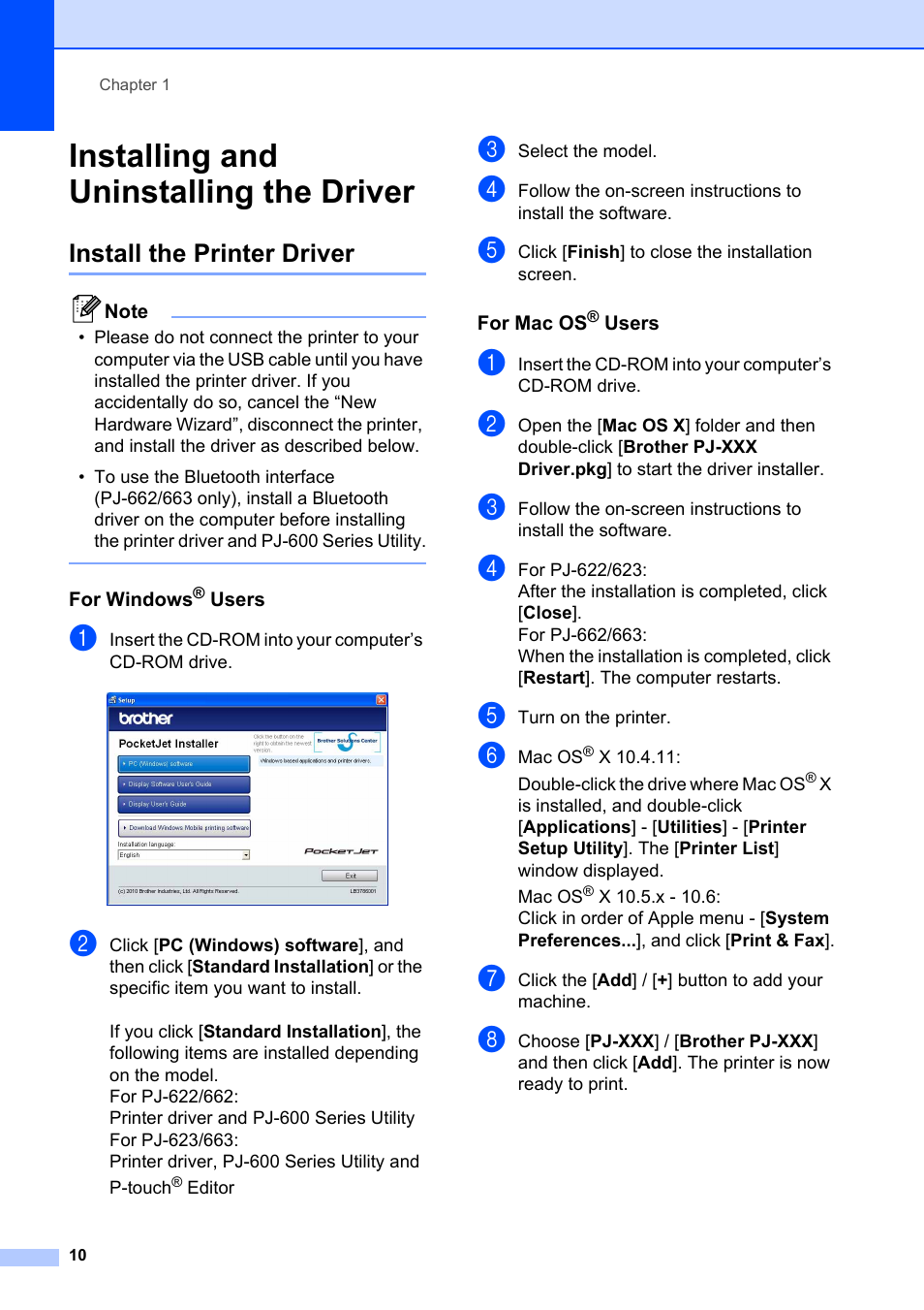 Installing and uninstalling the driver, Install the printer driver | Brother Pocket Jet6 PJ-622 User Manual | Page 14 / 61