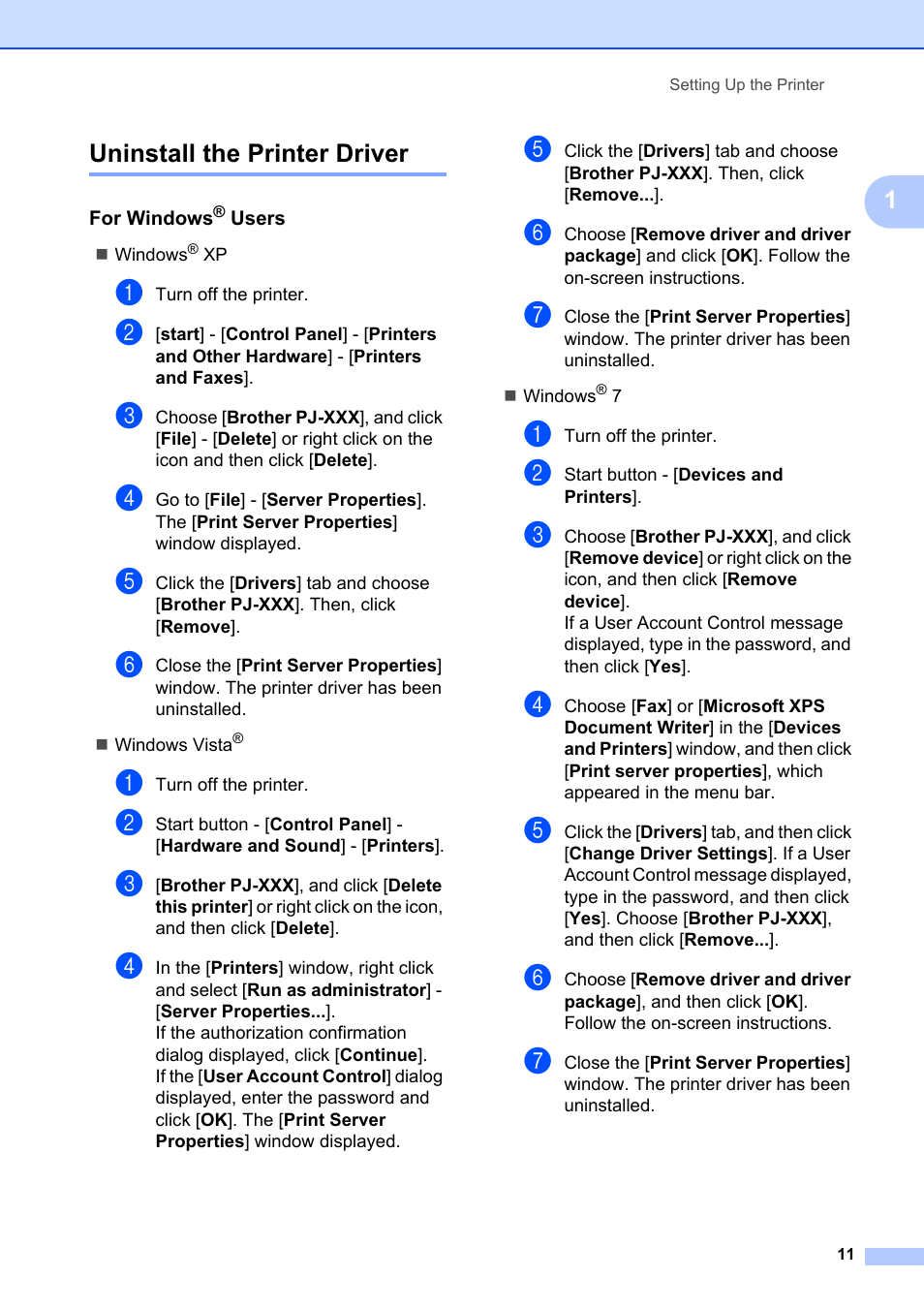 Uninstall the printer driver, 1uninstall the printer driver | Brother Pocket Jet6 PJ-622 User Manual | Page 15 / 61