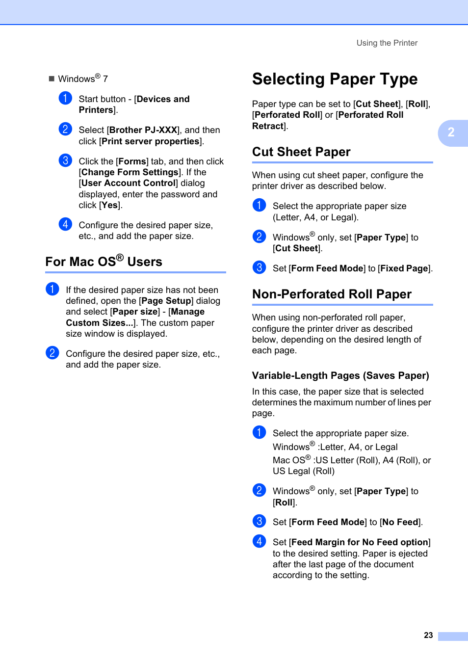 For mac os® users, Selecting paper type, Cut sheet paper | Non-perforated roll paper, For mac os, Users, Cut sheet paper non-perforated roll paper | Brother Pocket Jet6 PJ-622 User Manual | Page 27 / 61