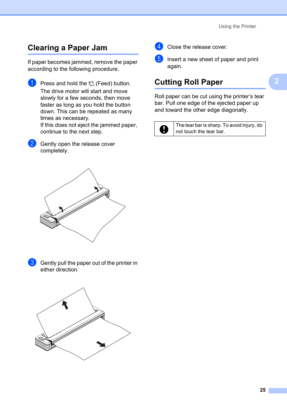 Clearing a paper jam, Cutting roll paper, Clearing a paper jam cutting roll paper | 2clearing a paper jam | Brother Pocket Jet6 PJ-622 User Manual | Page 29 / 61