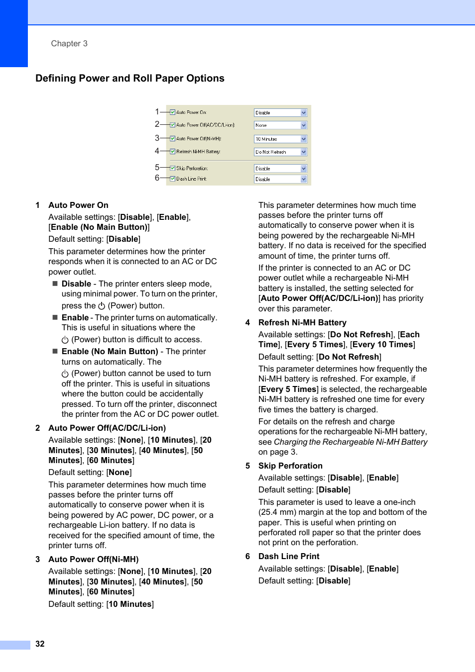 Defining power and roll paper options | Brother Pocket Jet6 PJ-622 User Manual | Page 36 / 61