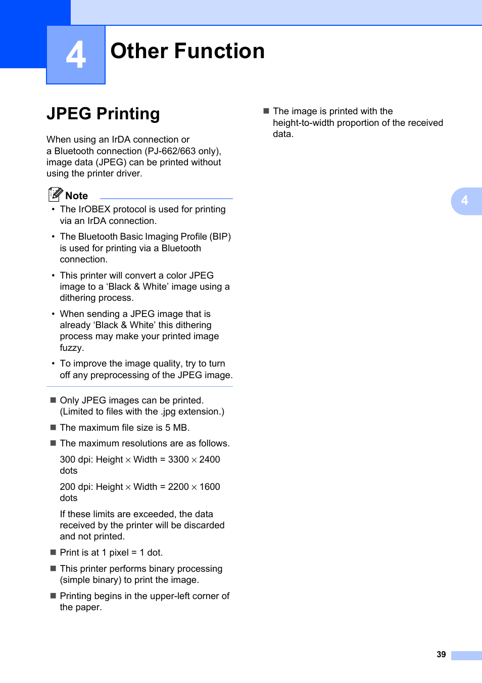 4 other function, Jpeg printing, Other function | Brother Pocket Jet6 PJ-622 User Manual | Page 43 / 61