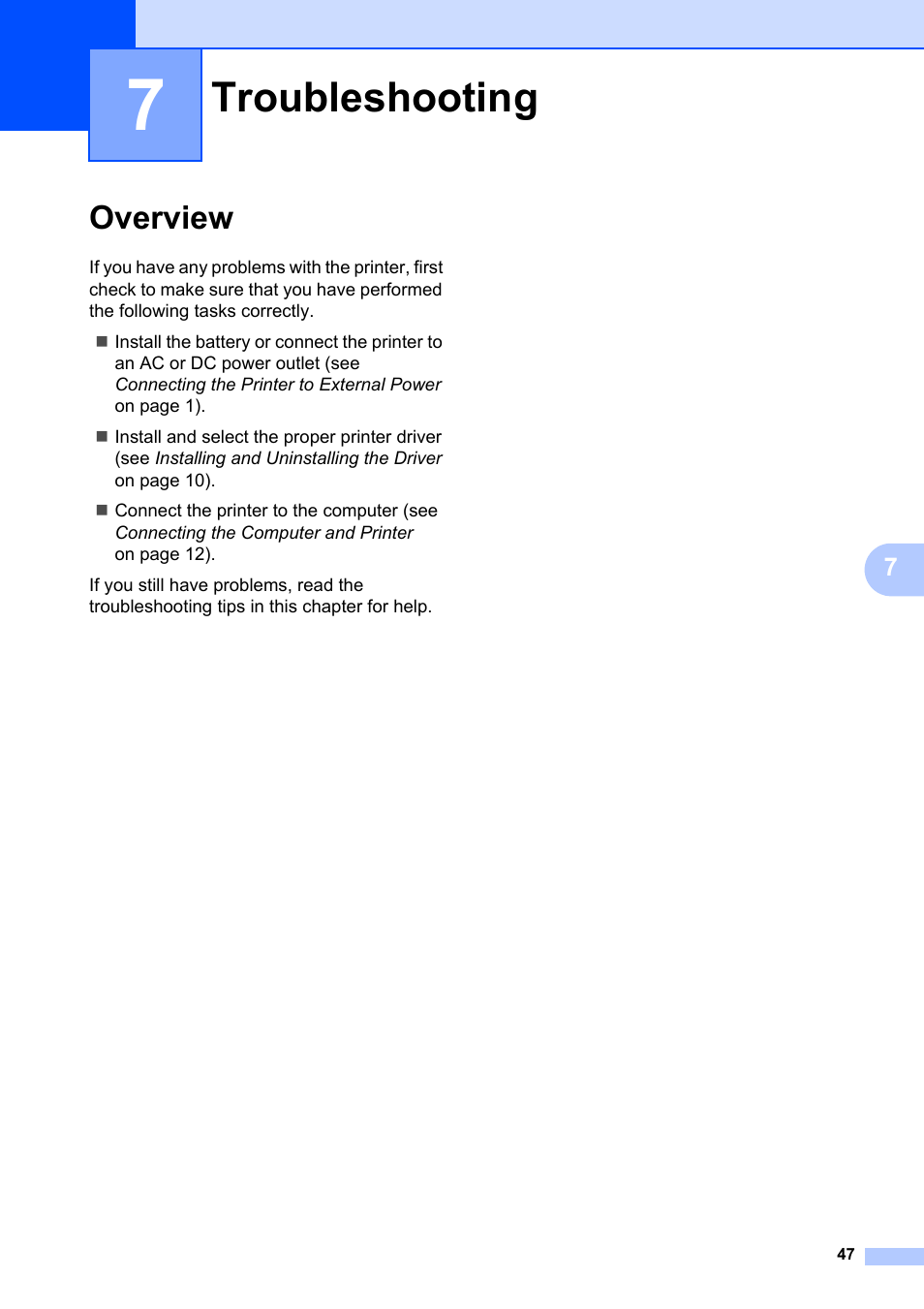 7 troubleshooting, Overview, Troubleshooting | Brother Pocket Jet6 PJ-622 User Manual | Page 51 / 61