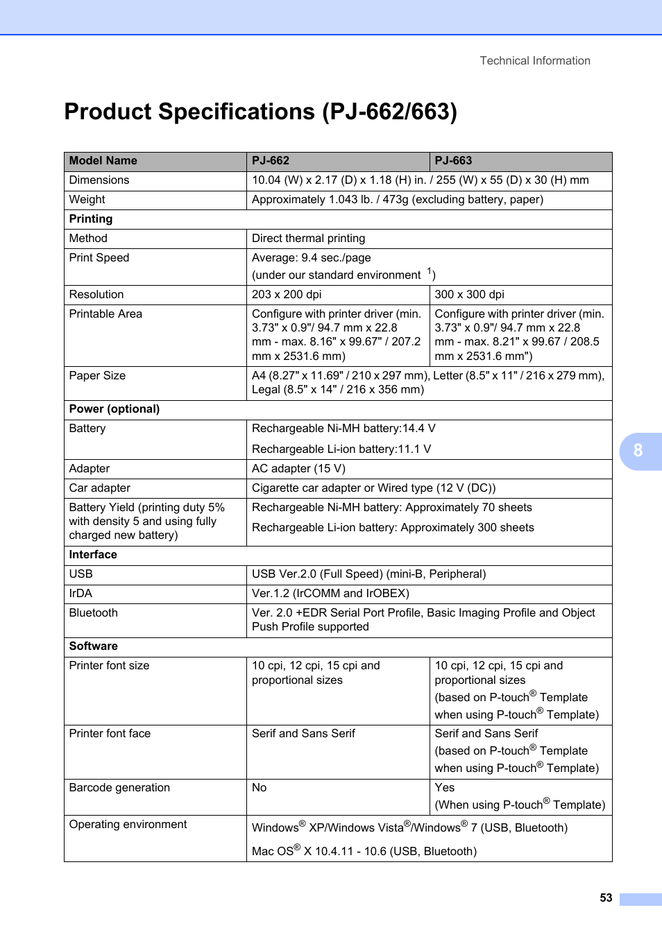 Product specifications (pj-662/663) | Brother Pocket Jet6 PJ-622 User Manual | Page 57 / 61